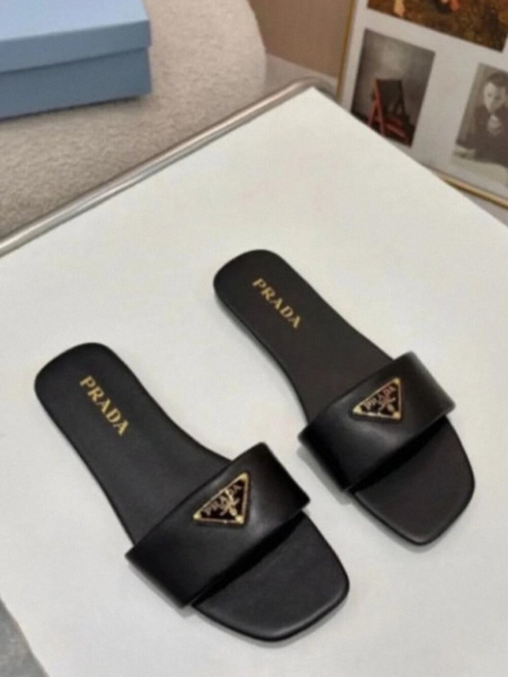 Prada Black Leather Slide Sandals – with Original Box
